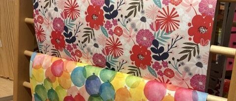 Patterned gift wrap rolls on display Patterned gift wrap rolls on display at Paper Trails of Rocky River