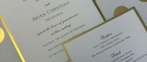 Wedding invitation suite with gold foil borders