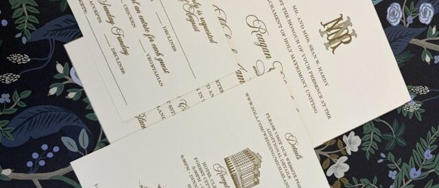 Monogrammed wedding invitation suite with reply and reception cards