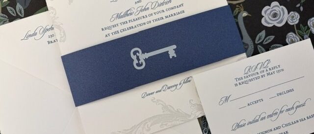 Wedding invitation suite with a navy belly band and key motif