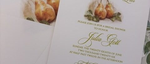 Watercolor pear bridal shower invitation in gold script