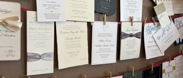 Wall of wedding invitation samples Wall of wedding invitation samples at Paper Trails of Rocky River